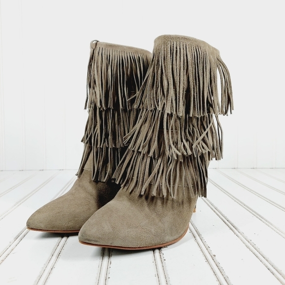 Chinese Laundry Kristin Cavallari Charm Fringe Taupe Brown Suede Bootie K308 - Picture 2 of 14